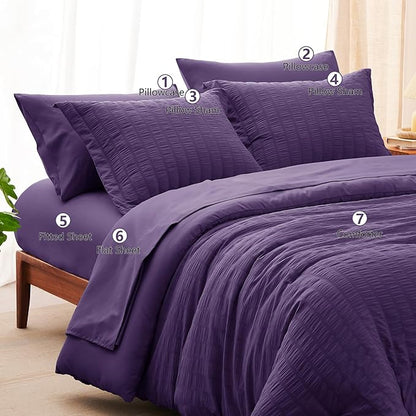 CozyLux Full Size Comforter Sets with Sheets 7 Pieces, Purple Seersucker Bed in a Bag Textured Luxury Soft Bedding Sets with Down Alternative Comforter, Sheets, Pillowcases & Shams for All Seasons