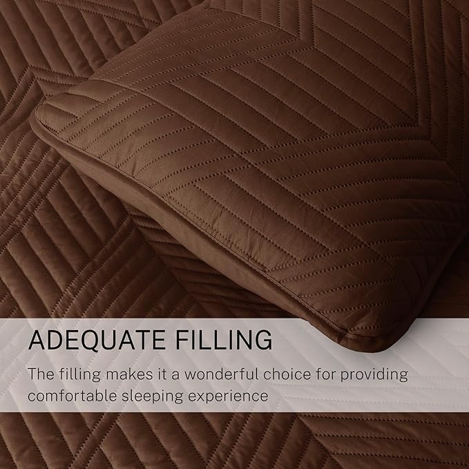 Exclusivo Mezcla Ultrasonic Full Queen Quilt Bedding Set, Lightweight Brown Bedspreads Soft Modern Geometric Coverlet Set for All Seasons (1 Quilt and 2 Pillow Shams)