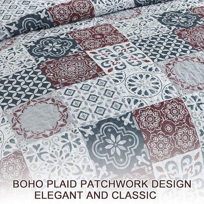 Dobuyly Patchwork Quilt Set King Size Boho Plaid Bedspread Red Grey Quilt Coverlet Set, 3 Pieces Soft Microfiber Lightweight Farmhouse Summer Bedding Set for All Seasons 110"x90"