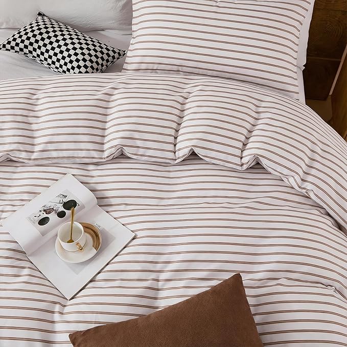 Bedbay Beige Striped Duvet Cover Set Queen Size, 100% Cotton Sateen Bedding, Soft & Breathable Neutral Bedding Set, Modern Farmhouse Style, 3 Pcs Striped Comforter Cover with Zipper & Corner Ties