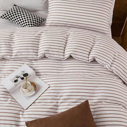 Bedbay Beige Striped Duvet Cover Set Queen Size, 100% Cotton Sateen Bedding, Soft & Breathable Neutral Bedding Set, Modern Farmhouse Style, 3 Pcs Striped Comforter Cover with Zipper & Corner Ties