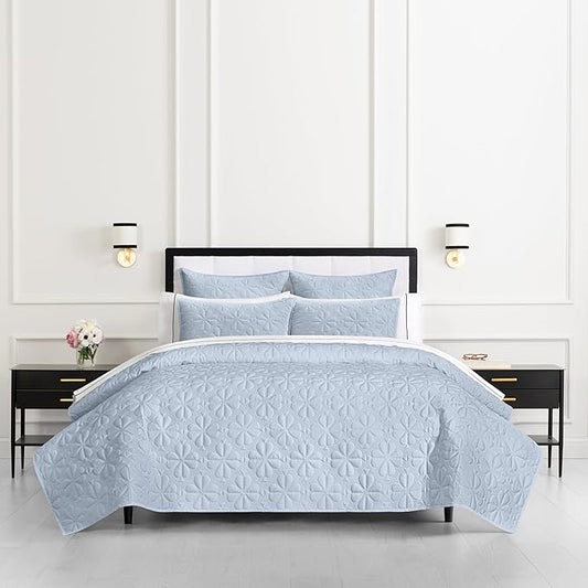 kate spade new york Spade Floral 3-Piece Full Queen Quilt Bedding Set, 100% Cotton Sateen Reversible Cover, All Season Warmth Bedding, Machine Washable, Halogen Blue