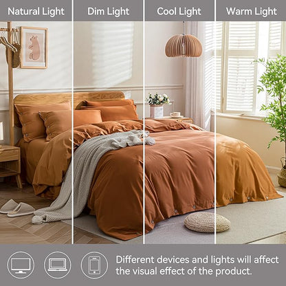 JELLYMONI Cotton Duvet Cover Full Size - Burnt Orange Comforter Cover with Button 100% Washed Cotton 3PCS Breathable Soft Solid Bedding Set Duvet Cover 80×90in & 2 Pillowcases (NO Comforter)