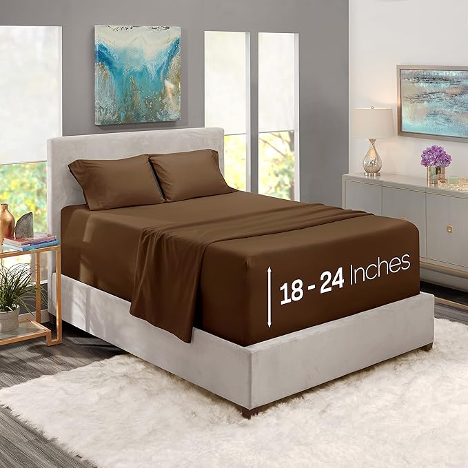 Nestl California King Size Sheet Set, 4 Piece Extra Deep Pocket (18-24 inches), Microfiber, Hotel Luxury, Soft, Breathable, Wrinkle-Free, Easy to Care, Chocolate Brown