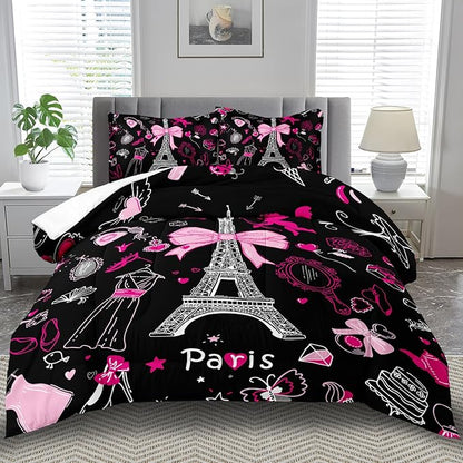 Eiffel Tower Comforter Set King Size,Eiffel Tower Bedding Set for Girls, Pink and Black Paris Themed Comforter Bedroom Decor,Paris Quilt French Style Romantic Bedding