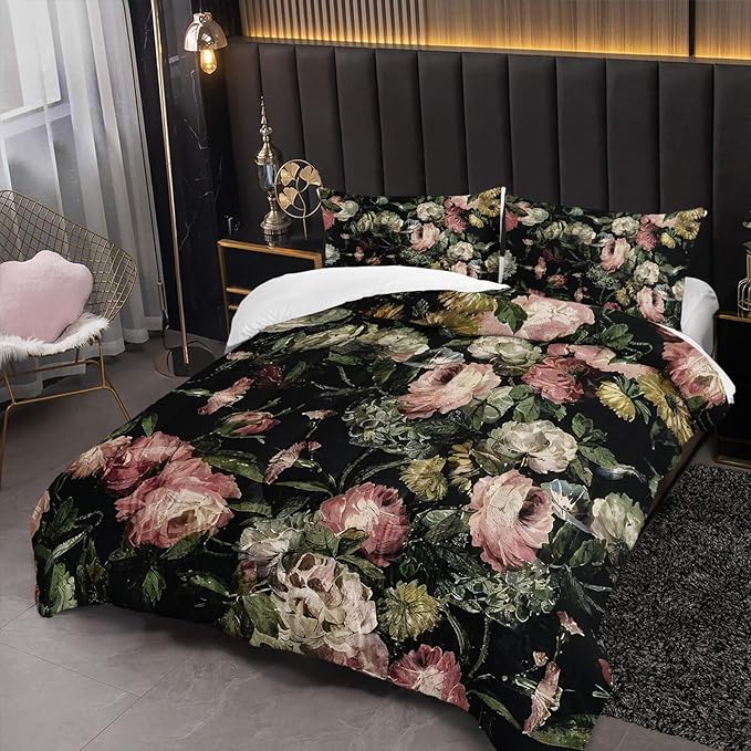 Boho Floral Comforter Set Full Black Floral Bedding Sets 3PCS for Kids Teen Adult Flowers Leaves Room Decor Ultra-Soft Lightweight Microfiber 1 Comforter with 2 Pillowcases