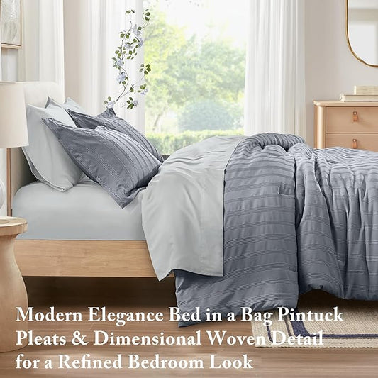 Madison Park Essentials Striped Comforter Set Cal King, 7 Pieces Modern Minimalist Jacquard Bedding Set for All Season, Bed in A Bag with Sheet Set and Soft Brushed Reverse, Lightweight Blue/Grey