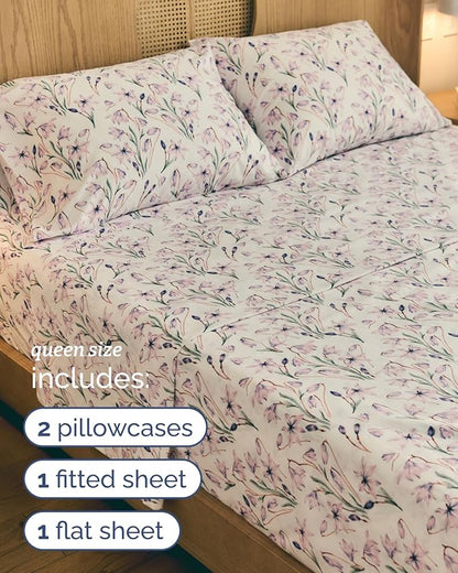 Floral Sheets - Pink Floral Bed Sheet Set - 1 Flat & 1 Fitted & 2 Pillowcases w/ Deep Pockets - Comfy, Wrinkle & Fade Free - Boho Botanical Bedding - Ultra-Soft, Breathable & Cooling - Queen Size Set