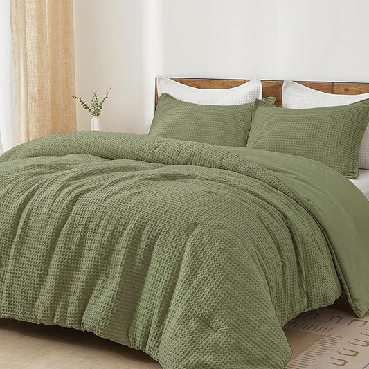 PHF Ultra Soft Waffle Weave Comforter Set King Size, 3 Pieces Lightweight Breathable Comfy Bedding Set, Comfy Textured 1 Comforter with 2 Pillow Shams, Olive Green