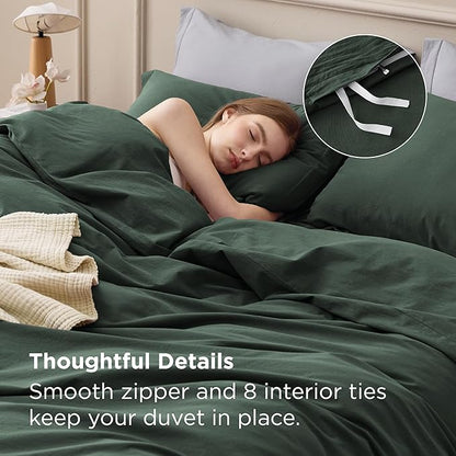 Bedsure 100% Washed Cotton Duvet Cover King Size - Forest Green Minimalist Bedding Set Linen Like - PureWoven Plain Simple & Soft Comforter Cover for All Seasons (Forest Green, King, 104"x90")