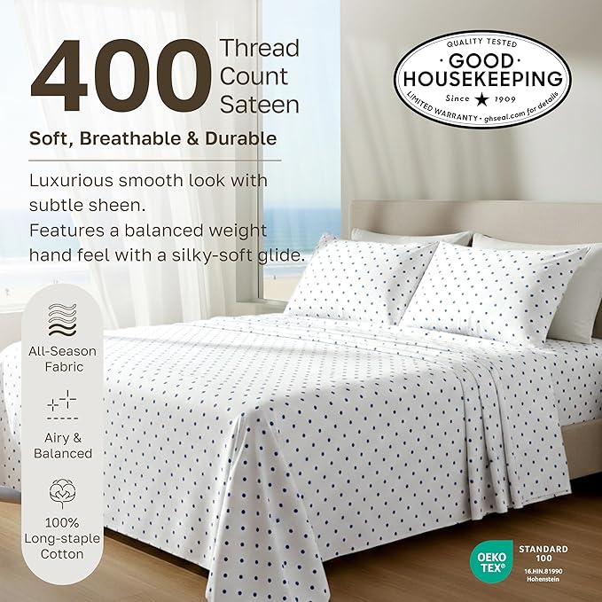 California Design Den Queen Sheet Set - 400 Thread Count Sateen, Natural 100% Cotton Sheets for Queen Size Bed, Deep Pocket and Durable Bedding - Polka Dot