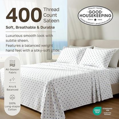 California Design Den Full Size Bed Sheets Set - 400 Thread Count Sateen, Natural 100% Cotton Sheets for Full Size Bed, Deep Pocket and Durable Bedding Set - Polka Dot