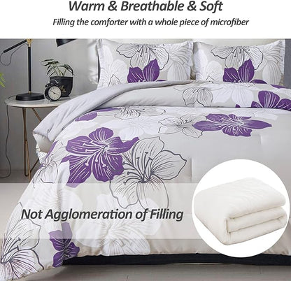 Menghomeus Floral Comforter Set Full Purple Flower Pattern Printed on Grey, Soft Microfiber Bedding Set Lightweight Boho Bed Set for All Season, 3 Piece