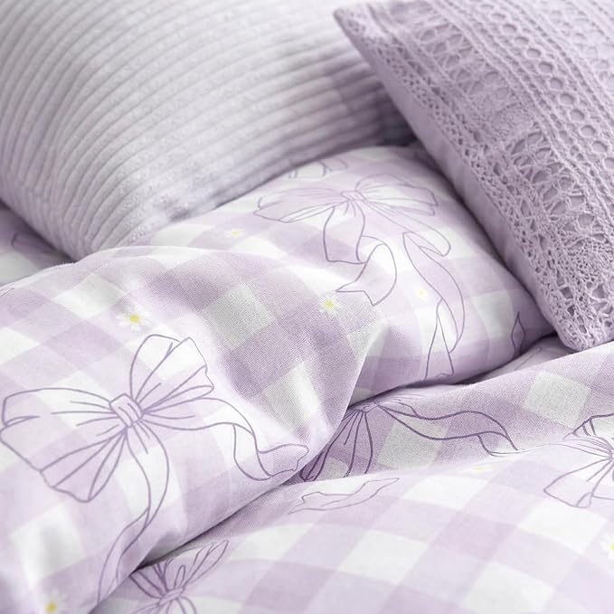 Purple Gingham Comforter Set Full for Girls, Light Purple Bowknot Bedding with Heart Pattern, 3 Pcs Checkered Plaid Quilted Comforter Set with 2 Pillowcases, 79"x90"