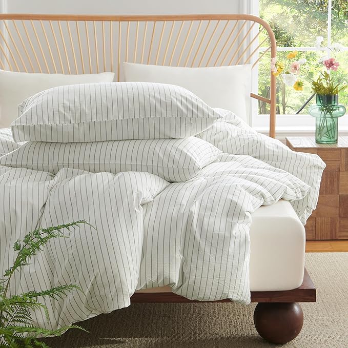 Nayoroom Striped Duvet Cover Queen Size 100% Washed Cotton White Green Stripe Duvet Cover 3 Pieces Soft Breathable Girls Dorm Bedding Set for All Seasons, Yarn Dyed Process