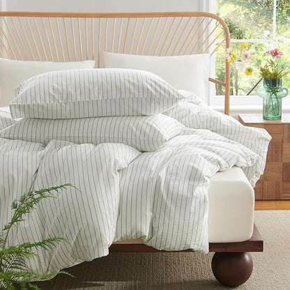 Nayoroom Striped Duvet Cover Queen Size 100% Washed Cotton White Green Stripe Duvet Cover 3 Pieces Soft Breathable Girls Dorm Bedding Set for All Seasons, Yarn Dyed Process