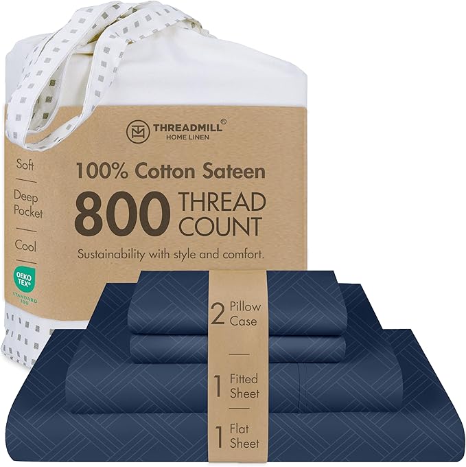 Threadmill California King Size Sheets | 800 Thread Count Jacquard Folkstone Blue | 4 Piece Striped Bed Sheets | Extra Long Staple Cotton Sheets | Luxury Damask Sheet with Elasticized Deep Pocket