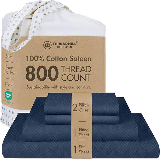 Threadmill Queen Sheet Set for Queen Mattresses | 800 Thread Count Jacquard Celine Folkstone Blue | Better Than Egyptian Cotton | 4 Pc Bed Sheets | Elasticized Deep Pocket | 100% Cotton Sheets