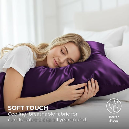 Pure Bedding Satin Pillowcase - Silky Pillow Cases for Hair and Skin - Satin Pillow Covers with Envelope Closure - Extra Soft Premium Microfiber - Pack of 2 - Queen Size (20"x30", Purple)