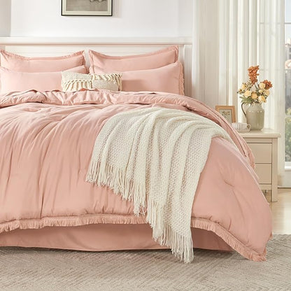 Andency Pink King Size Comforter Set with Sheets - 7 Pieces Boho Tassel Bed in a Bag Soft Lightweight Bedding Sets, Pink Fringe Bed Set with Comforter, Sheets, Pillowcases & Shams