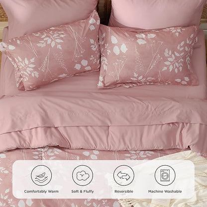 Bedsure Rose Pink King Comforter Set - 7 Pieces Floral Bedding Sets King Bed in a Bag with Reversible Botanical Flowers Comforter, Sheets, Pillowcases & Shams
