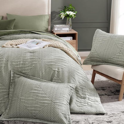 MaiRêve Full Size Comforter Set Crinkle Textured, Light Olive Green Diamond Boho Bedding Set 7 Pieces Bed in A Bag, All Season Geometric Comforter Set with Sheets, Pillowcases & Shams