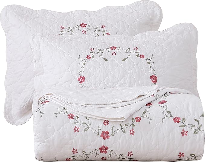 vctops 3-Piece Elegant Floral Embroidered Bedspread Coverlet Set 100% Cotton Reversible Patchwork 1 Quilt and 2 Pillow Shams Full/Queen, White