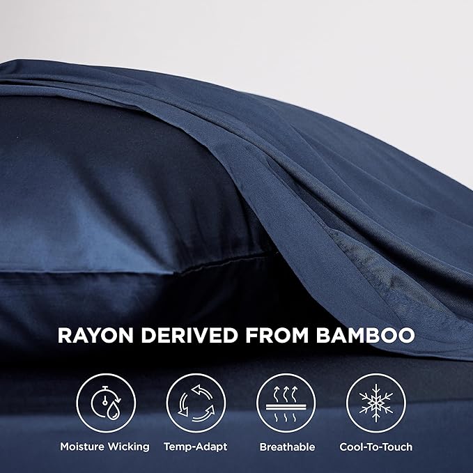 Bedsure Cooling Sheets Twin XL, Rayon Derived from Bamboo, PureWoven, Breathable & Soft Twin XL Sheet Sets, Deep Pocket Up to 16 Inches, Hotel Luxury Silky Dorm Bedding for Hot Sleepers, Navy