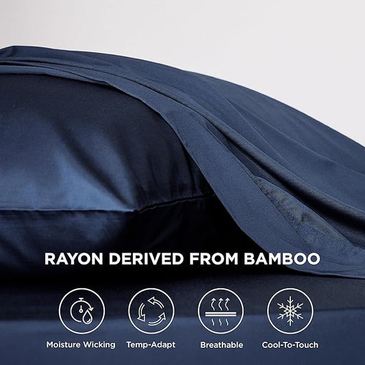 Bedsure Cooling Sheets Twin XL, Rayon Derived from Bamboo, PureWoven, Breathable & Soft Twin XL Sheet Sets, Deep Pocket Up to 16 Inches, Hotel Luxury Silky Dorm Bedding for Hot Sleepers, Navy
