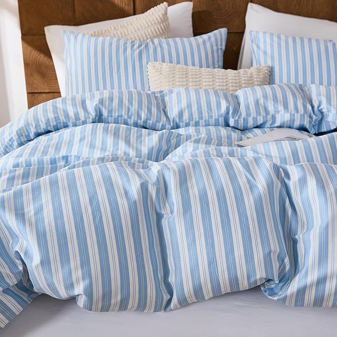 Merryword Blue and White Striped Duvet Cover Set King Size, 100% Cotton Linen Like Textured Bedding with Classic Vertical Stripes, Soft Lightweight Reversible Comforter Cover for All Seasons