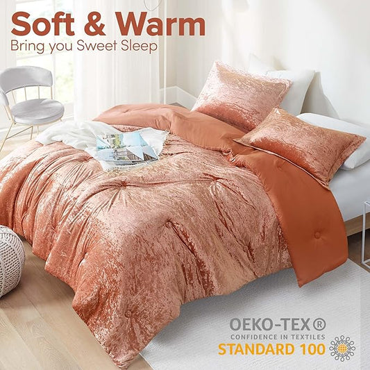 Comfort Spaces Luxe Velvet Comforter Set - King Size, Microfiber Reverse, Juliette, All Season, Fluffy Bed Set, Sham, Burnt Orange 3 Piece