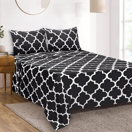 Mejoroom Queen Bed Sheet Set - Super Soft Brushed Microfiber 1800 Thread Count Queen Sheets with 16 inch Deep Pocket - Wrinkle Free - 4 Piece(Queen, Black Quatrefoil with White Pattern)