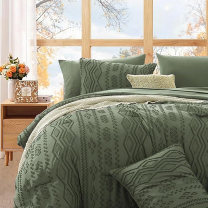 WRENSONGE California King Size Comforter Set with Sheets - 7 Pieces Olive Green Tufted Bed in a Bag California King Shabby Chic Bedding Sets with 1 Comforter, 2 Sheets, 2 Pillowcases & 2 Shams