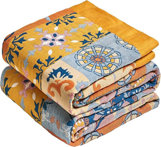 MSGKV Boho Throw Blanket for Couch 50"x60" 100% Cotton Blanket Spring Breathable Lightweight Blankets for Sofa Home Decor Muslin All Seasons