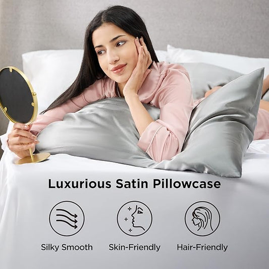 Bedsure Satin Pillowcase for Hair and Skin Queen - Silver Grey Silky Pillowcase 20x30 Inches - Set of 4 with Envelope Closure, Similar to Silk Pillow Cases, Gifts for Women Men