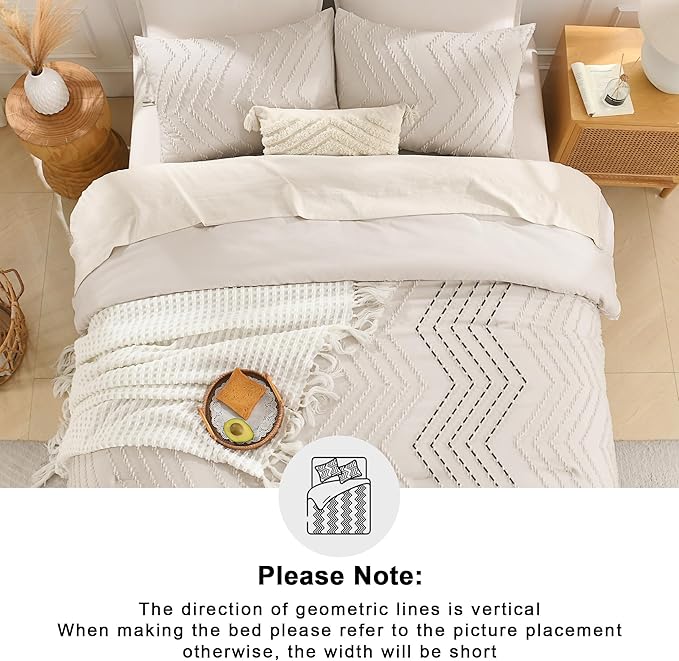 Andency Oversized Queen Comforter Set, Beige Boho Cream Soft Warm Neutral Bedding Comforter Sets, 3 Pieces Aesthetic Chevron Farmhouse Cute Bohemian Textured Bed Set