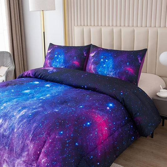 NINENINE Galaxy Comforter Space Bedding Set Queen Size for Teen Kids, Girls Purple Comforter Set Printed with 1 Comforter 2Pillowcases……