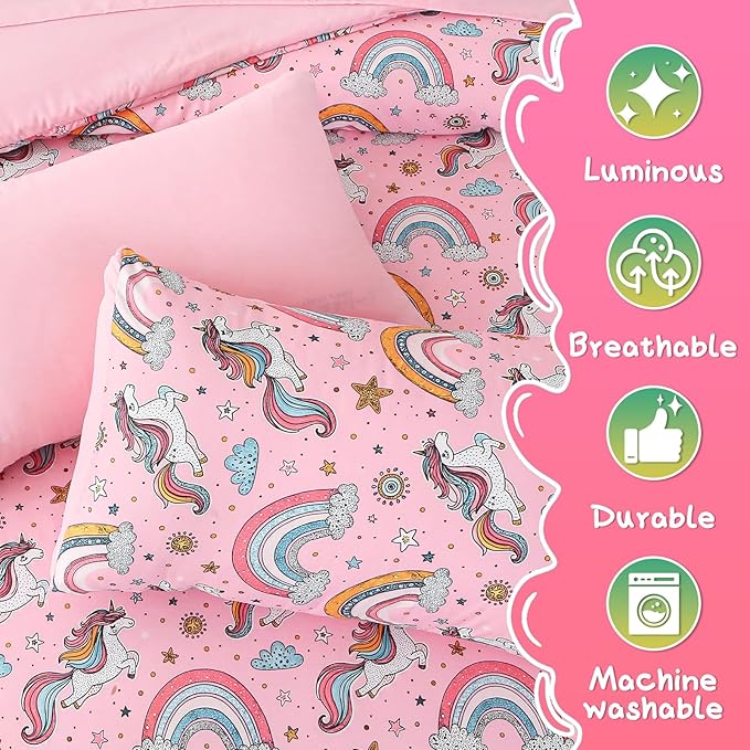 Glow in The Dark Kids Comforter Set, 7 Pieces Pink Unicorn Bedding Set Full Size for Boys Girls Teen, 1 Comforter, 2 Pillowcases, 2 Pillow Shams, 1 Flat Sheet, 1 Fitted Sheet