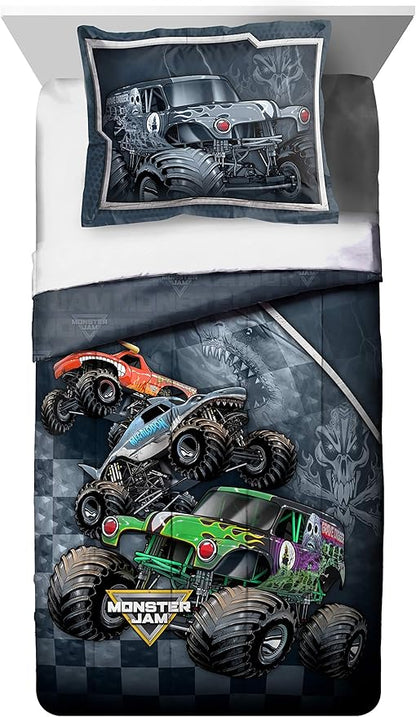 Jay Franco Monster Jam Slash 5 Piece Twin Bed Set - Includes Reversible Comforter&Sheet Set-Bed Set Features Grave Digger&Megalodon-Super Soft Fade Resistant Microfiber