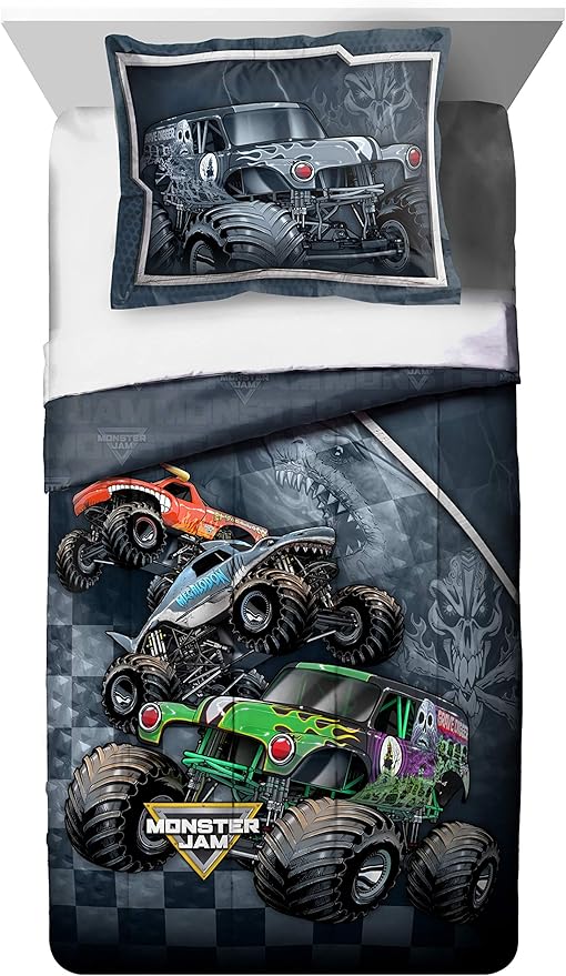 Jay Franco Monster Jam Slash 5 Piece Twin Bed Set - Includes Reversible Comforter&Sheet Set-Bed Set Features Grave Digger&Megalodon-Super Soft Fade Resistant Microfiber