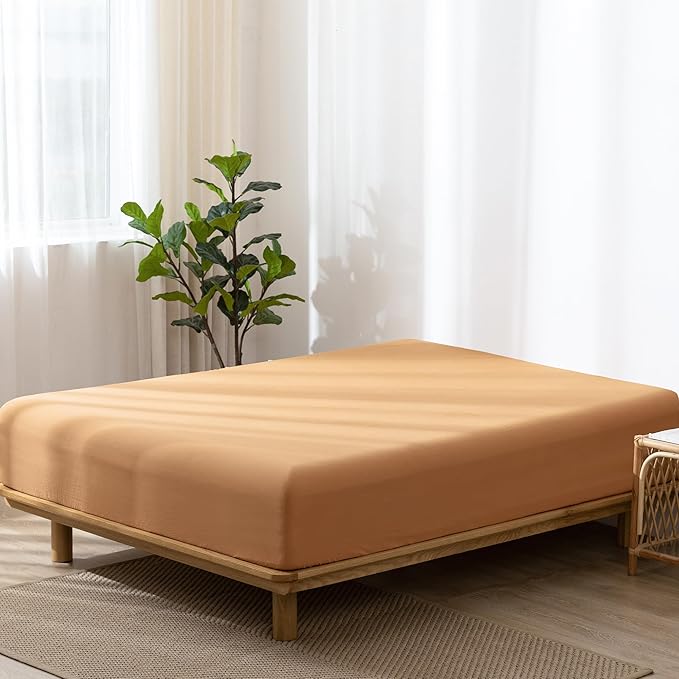 MooMee Fitted Bottom Sheet Only 100% Washed Cotton Linen Like Textured Breathable Durable Soft Comfy Deep Pocket Fits Mattress up to 17" (Burnt Orange, Twin)