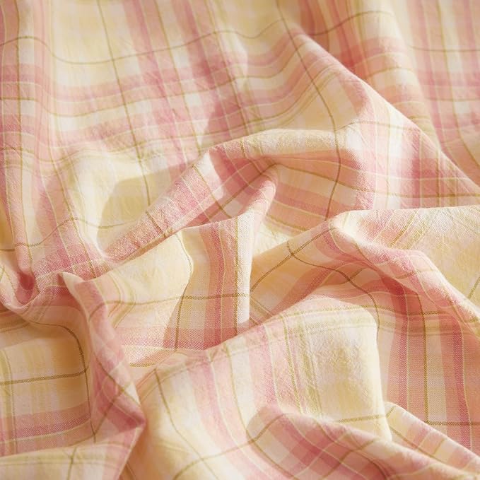 EAVD Vintage Gingham Comforter Set Full Soft 100% Washed Cotton 3-Piece Pink Yellow Grid Plaid Checkered Pattern Bedding Set with 2 Pillowcases Retro Reversible Geometric Comforter Set for All-Season