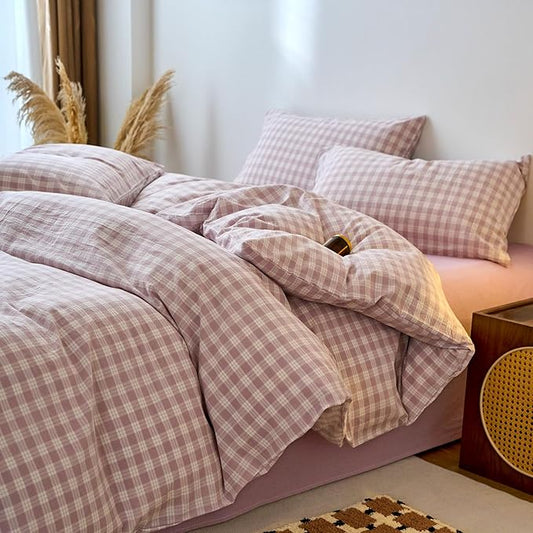 EAVD Vintage Style Gingham Duvet Cover King Purple White Soft 100% Washed Cotton Chic Grid Checkered Bedding Set with 2 Pillowcases Farmhouse Purple Plaid Duvet Cover with Zipper Closure