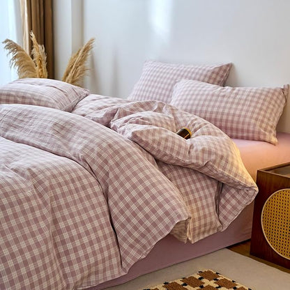 EAVD Vintage Style Gingham Duvet Cover Full Purple White Soft 100% Washed Cotton Chic Grid Checkered Bedding Set with 2 Pillowcases Farmhouse Purple Plaid Duvet Cover with Zipper Closure