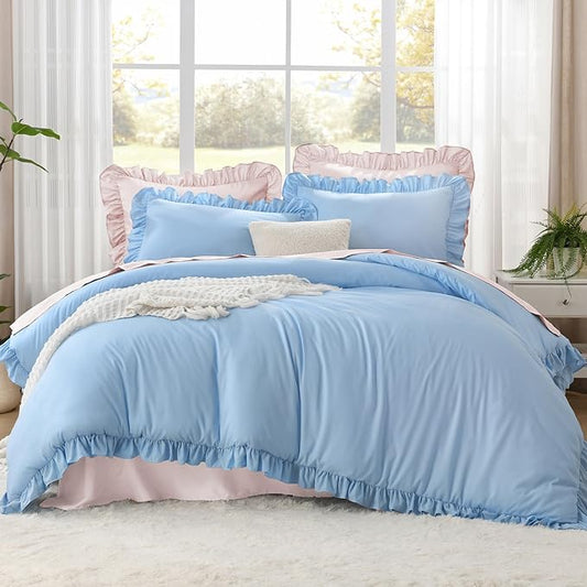Litanika Light Blue Full Size Comforter Sets, 3 Pieces Ruffle Farmhouse Aesthetic Bedding Comforter Sets, All Season Soft Lightweight Fluffy Microfiber Bed Set(79x90In Comforter, 2 Pillowcases)