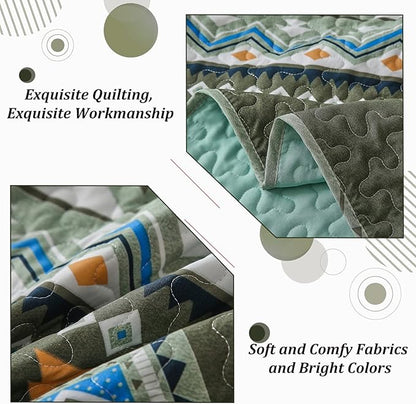 WONGS BEDDING Boho Quilt Set King,3 Piece Olive Green Fall Bedspread Coverlet Set with Geometry Printed for All Season, Lightweight Oversized Bohemian Bedding Set 104"×90"