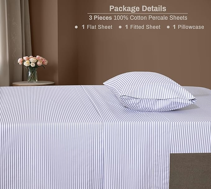 ZOYER 100% Cotton Sheets – Twin Size Percale Bedding, Cooling & Breathable, Durable with a Crisp, Soft & Comfortable Feel, 16" Deep Pocket, 3-Piece Set, Grey Stripe