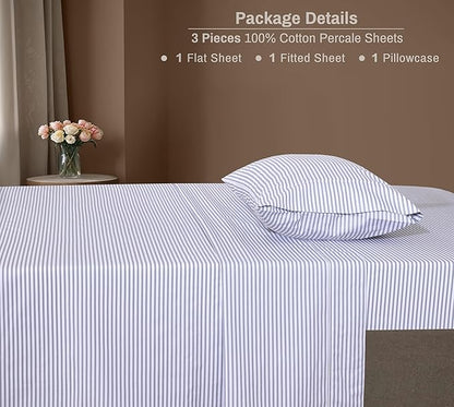ZOYER 100% Cotton Sheets – Twin Size Percale Bedding, Cooling & Breathable, Durable with a Crisp, Soft & Comfortable Feel, 16" Deep Pocket, 3-Piece Set, Grey Stripe