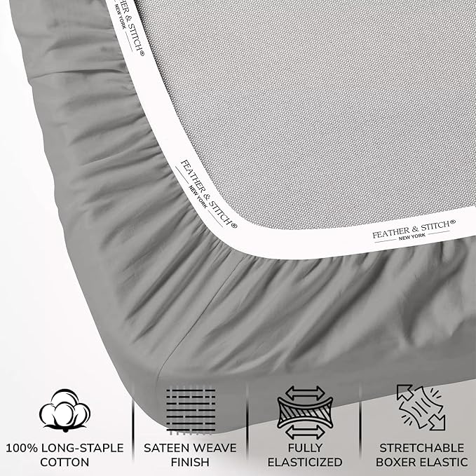 Feather & Stitch 500 TC Full Size 4pc Damask Bed Sheet Set, 100% Soft Cotton Breathable Bedsheets, 18" Deep Pockets Sateen Weave Striped Bedding Mattress Resort Hotel Luxury Decor - (Charcoal Slate)