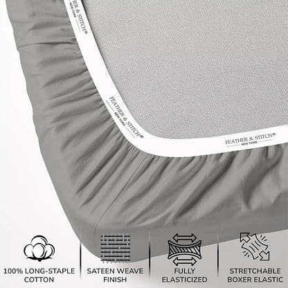 Feather & Stitch 500 TC Full Size 4pc Damask Bed Sheet Set, 100% Soft Cotton Breathable Bedsheets, 18" Deep Pockets Sateen Weave Striped Bedding Mattress Resort Hotel Luxury Decor - (Charcoal Slate)